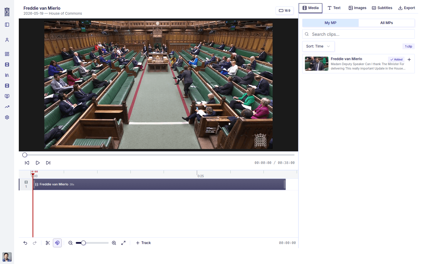 Parliament Connect's clip editor with video preview, timeline scrubber and Media / Text / Images / Subtitles / Export tabs