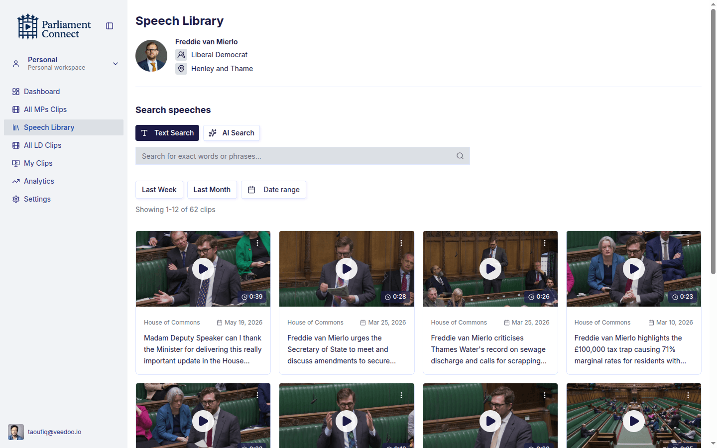 Speech Library with text search, AI search, date filters and a grid of detected parliamentary clips